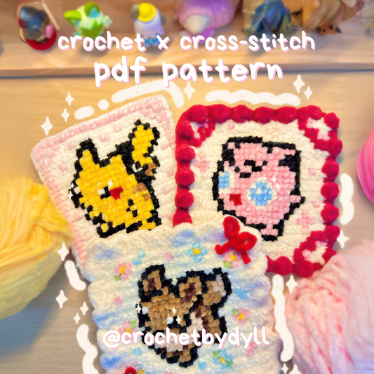 Electric Mouse, Pink Puff and Fox-Inspired Crochet & Cross Stitch Coaster Pattern Bundle – PDF Download