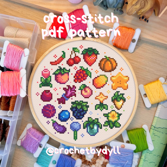 Stardew Valley Rainbow Crop Cross Stitch PDF Pattern – Colourful Fruit and Flower Design