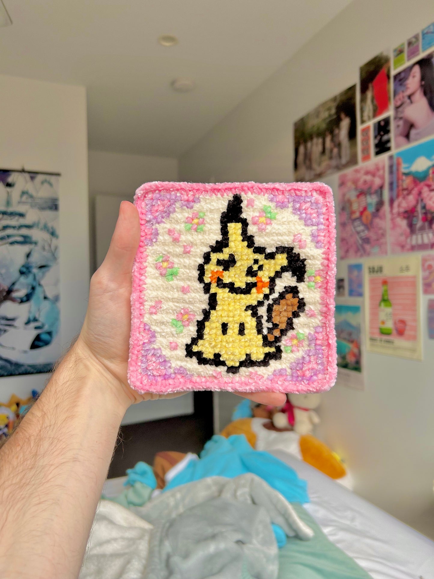 Mimikyu-Inspired Ghost/Fairy-Type Crochet x Cross-Stitch Tile Pattern (Base B Size)