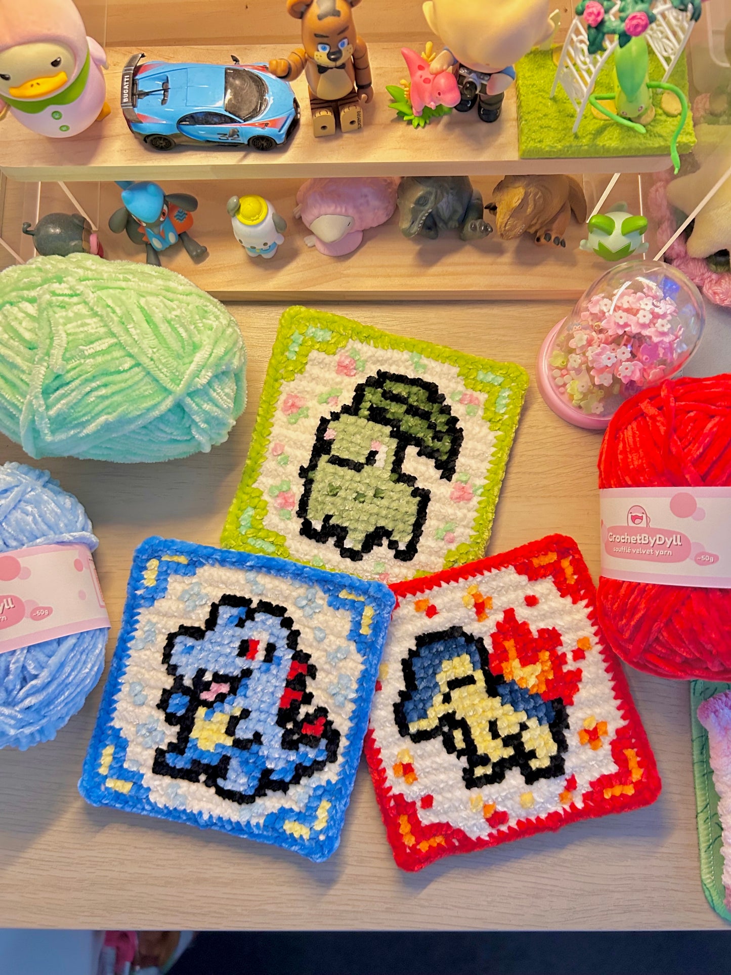 Gen 2 Starter Trio Crochet x Cross-Stitch Tile Pattern Bundle – Chikorita, Cyndaquil & Totodile-Inspired