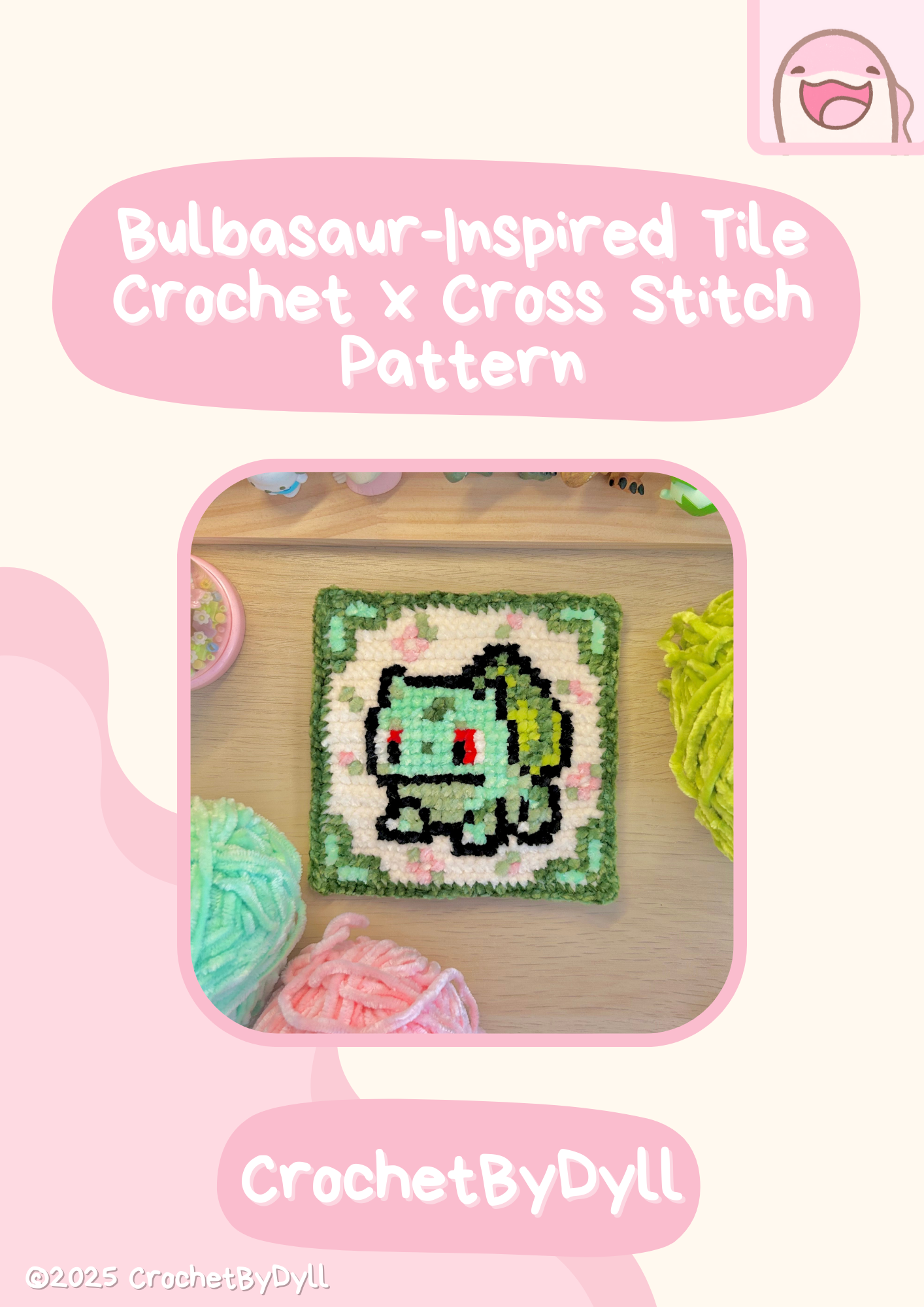 Bulbasaur-Inspired Grass-Type Starter Crochet x Cross-Stitch Tile Pattern