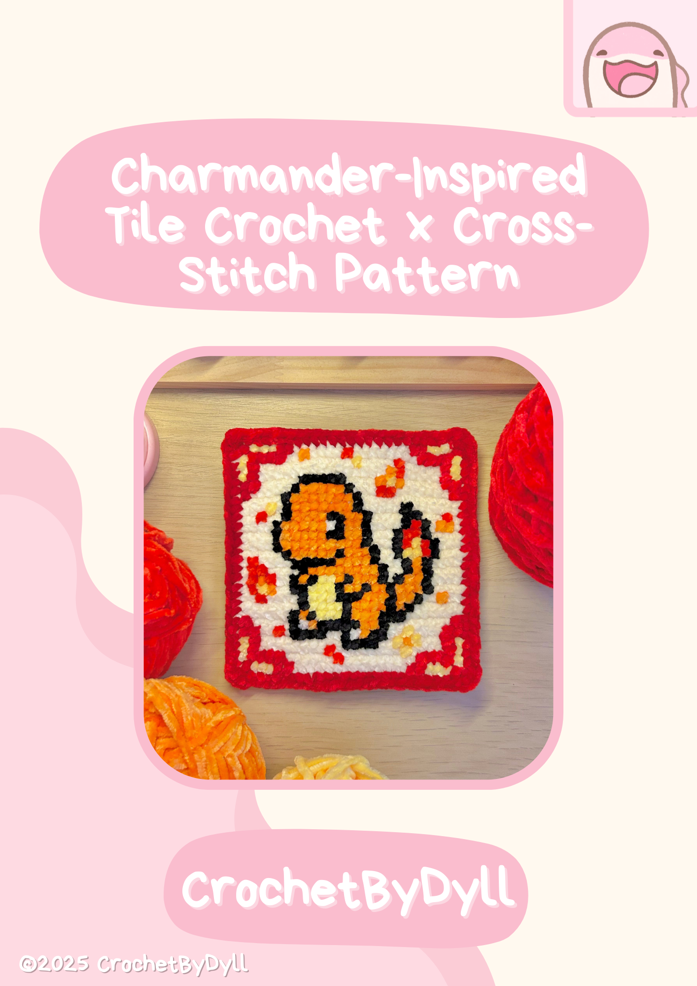 Charmander-Inspired Fire-Type Starter Crochet x Cross-Stitch Tile Pattern
