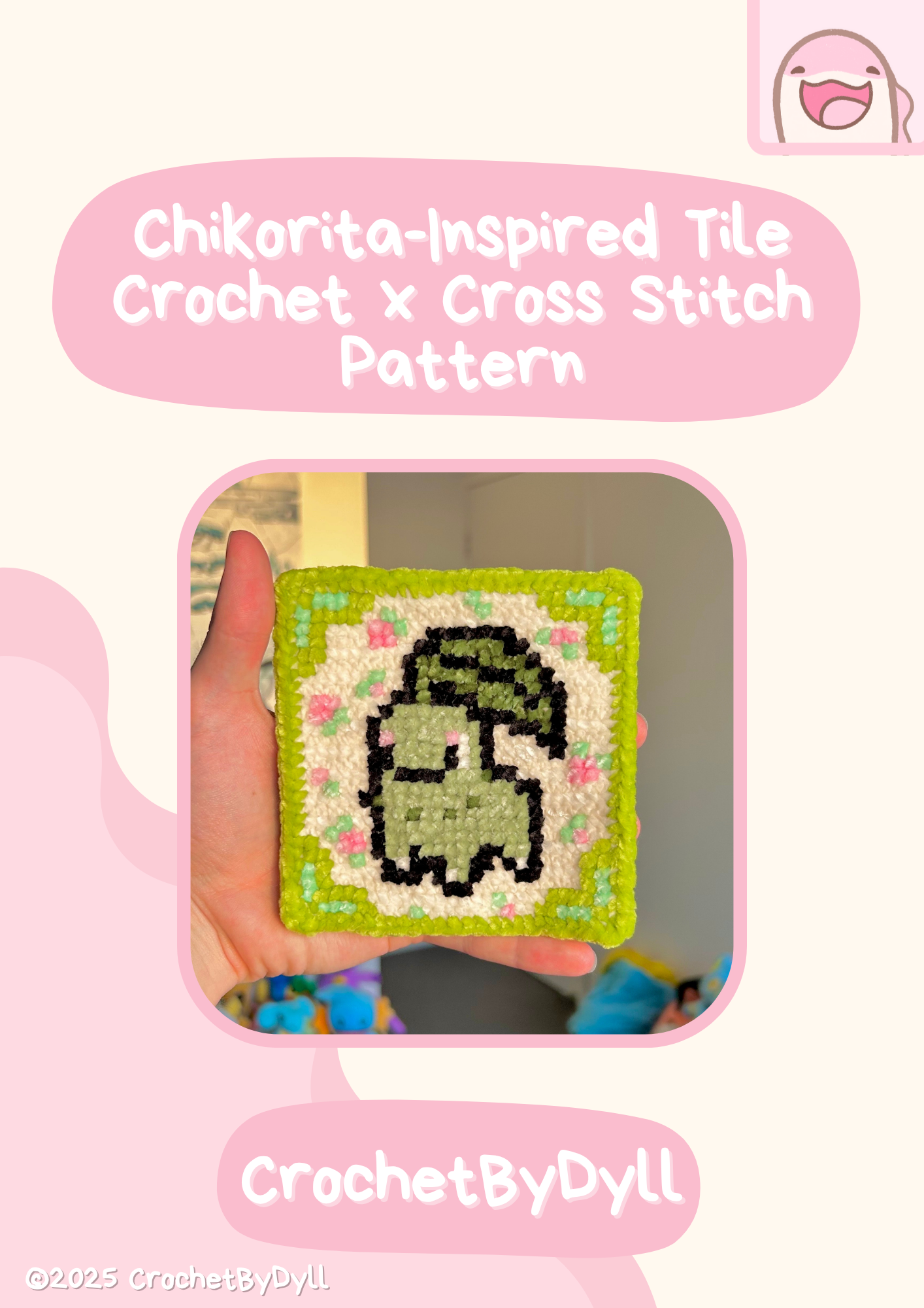 Chikorita-Inspired Grass-Type Crochet x Cross-Stitch Tile Pattern