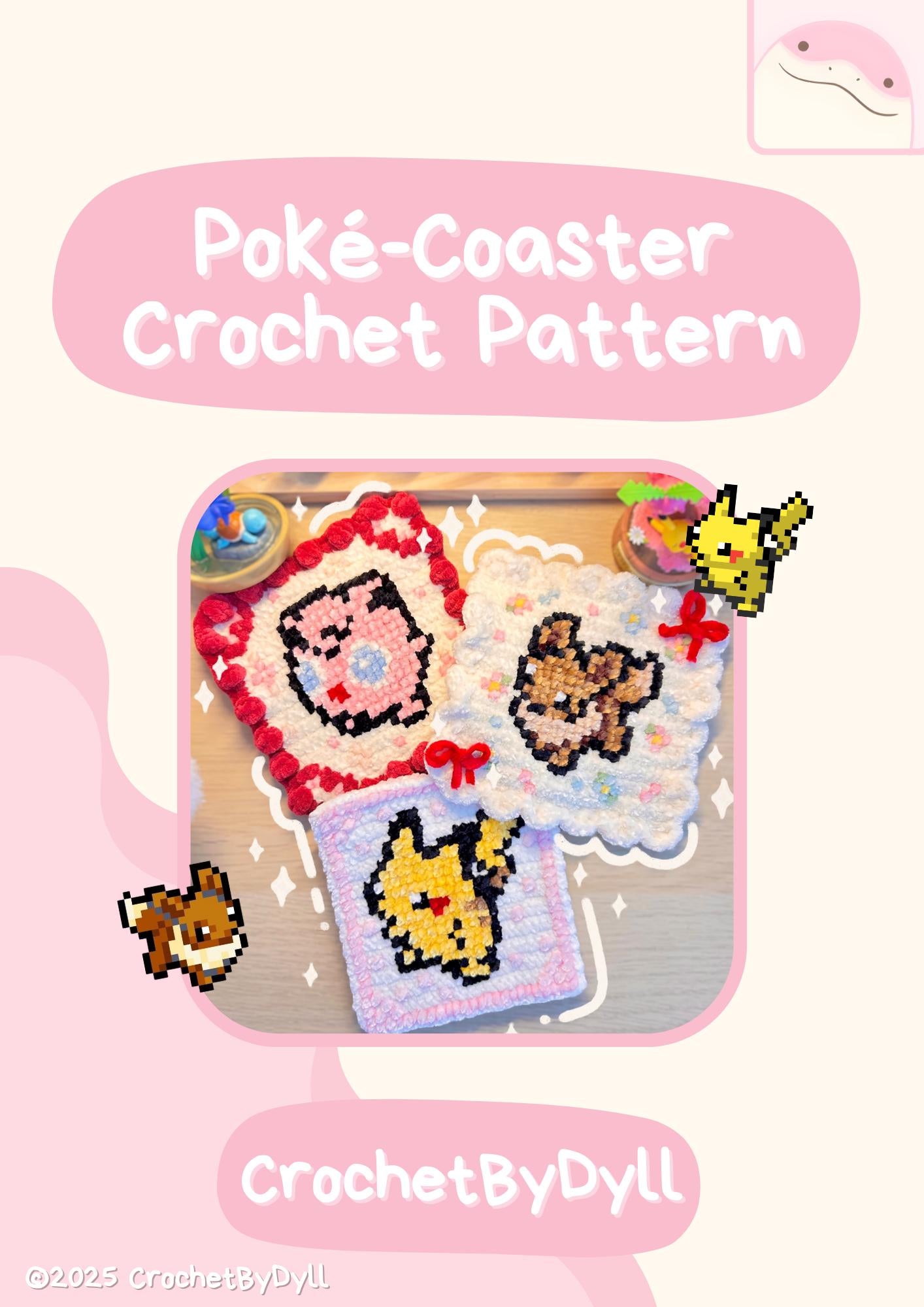 Electric Mouse, Pink Puff and Fox-Inspired Crochet & Cross Stitch Coaster Pattern Bundle – PDF Download
