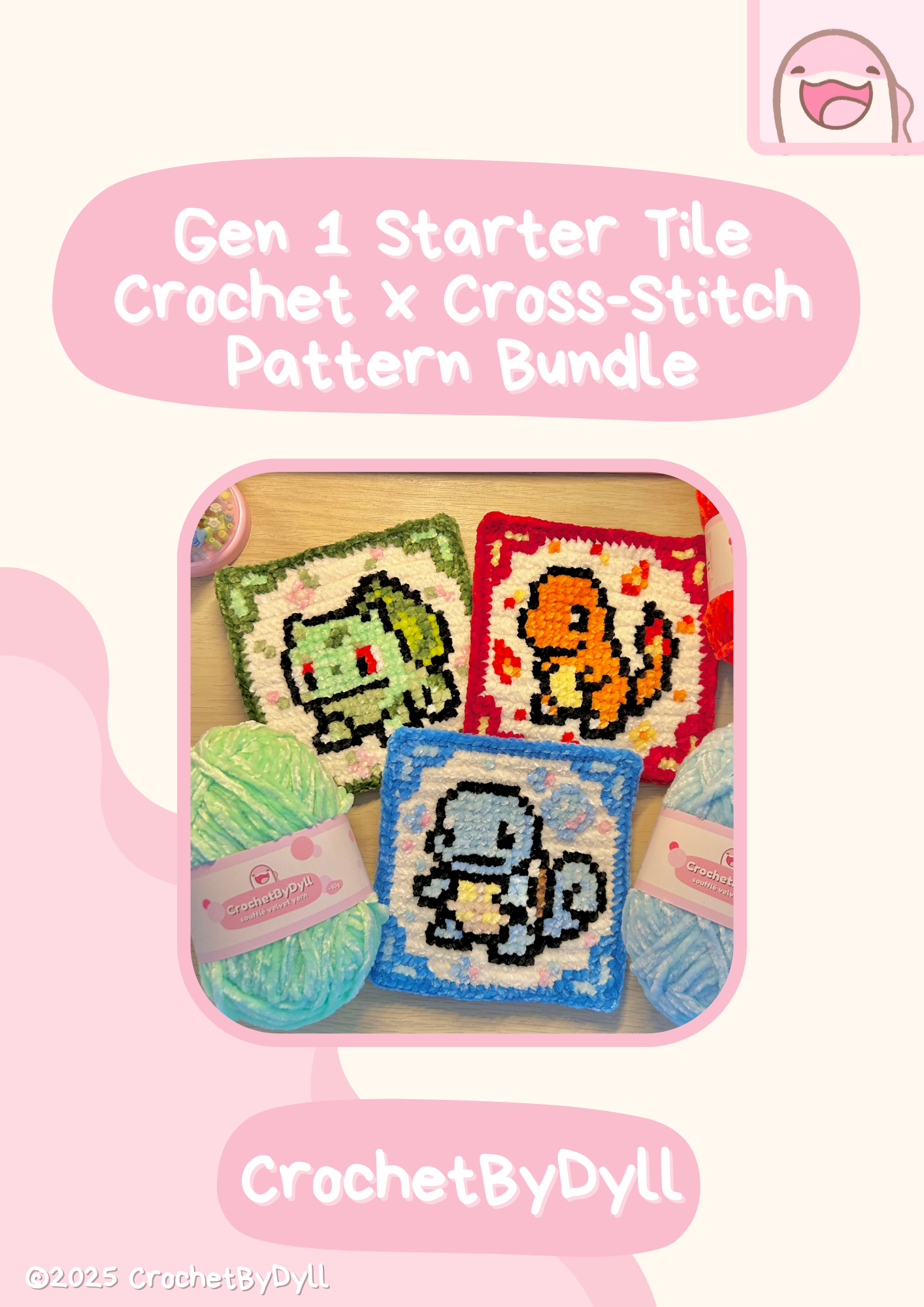 Gen 1 Starter Trio Crochet x Cross-Stitch Pattern Bundle – Bulbasaur, Charmander & Squirtle-Inspired