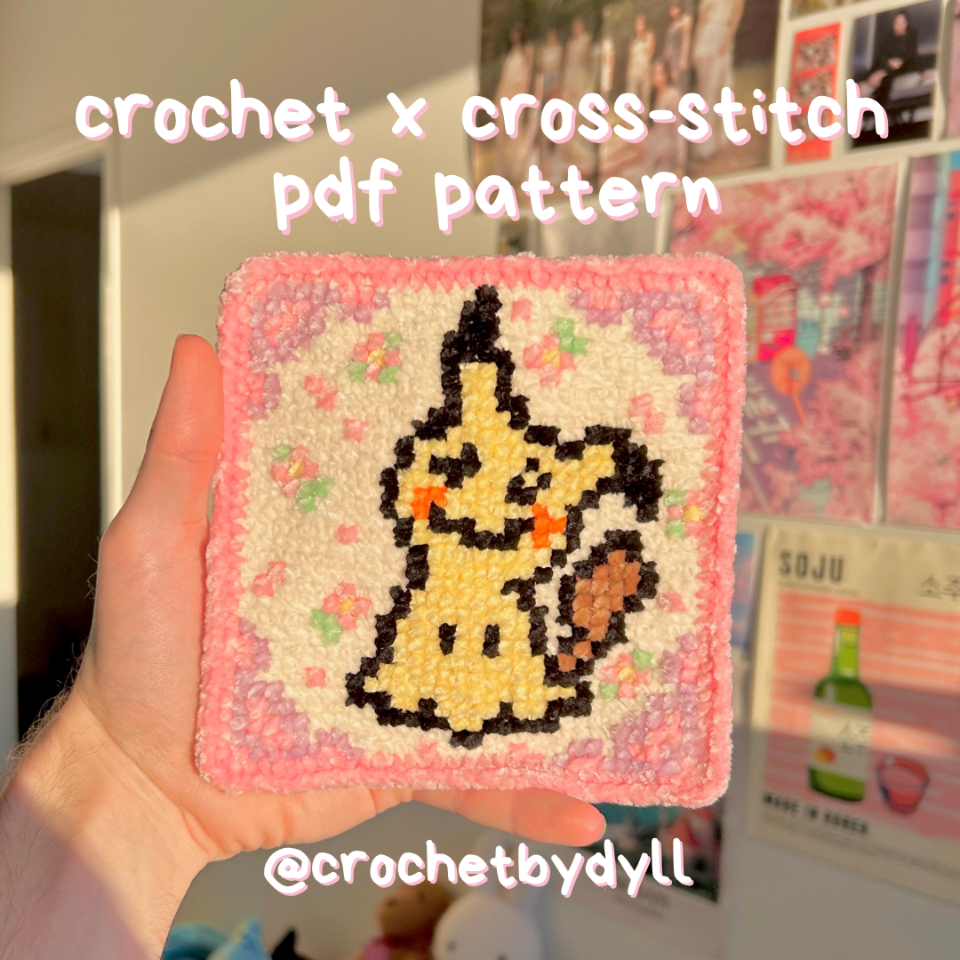 Mimikyu-Inspired Ghost/Fairy-Type Crochet x Cross-Stitch Tile Pattern (Base B Size)