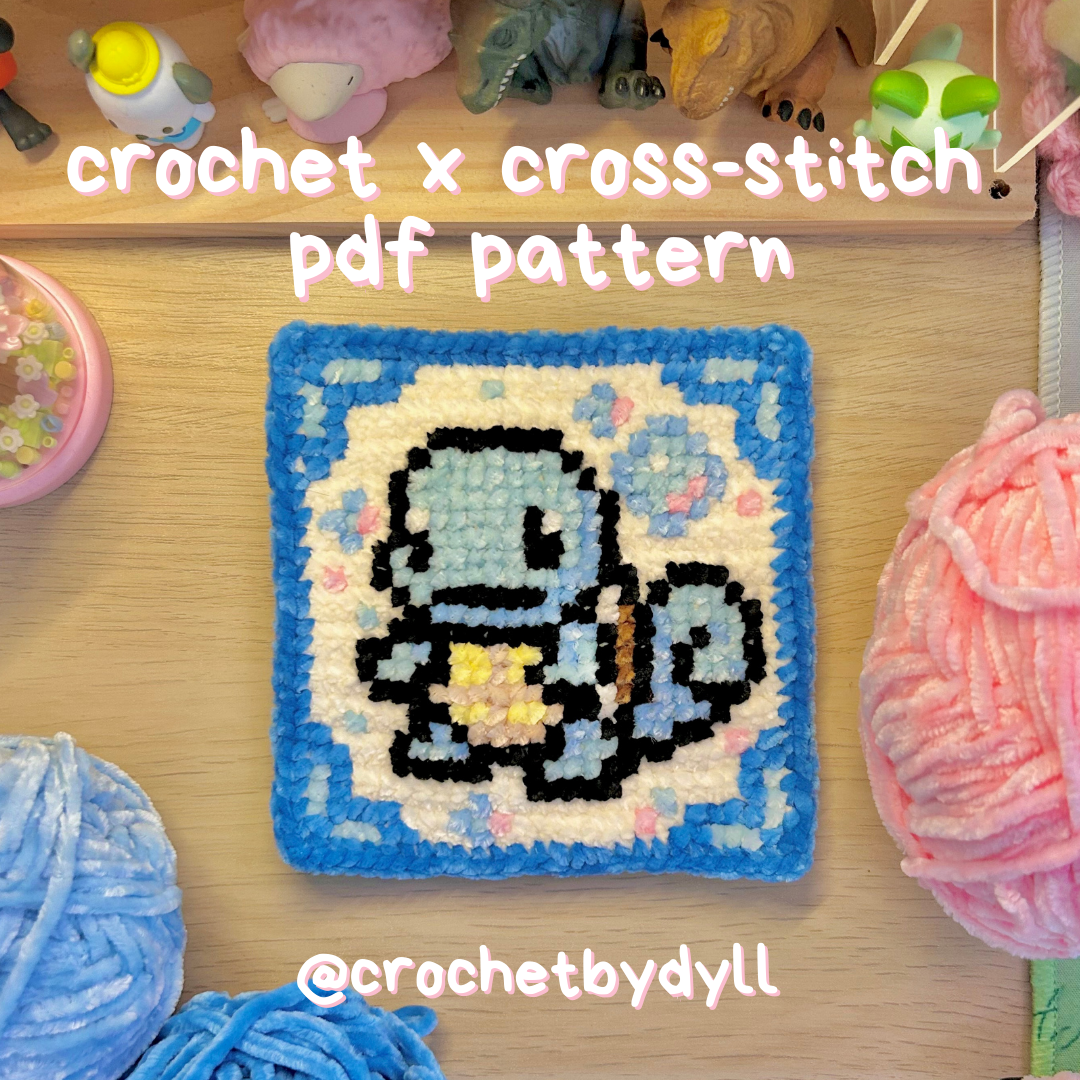 Squirtle-Inspired Water-Type Starter Crochet x Cross-Stitch Tile Pattern
