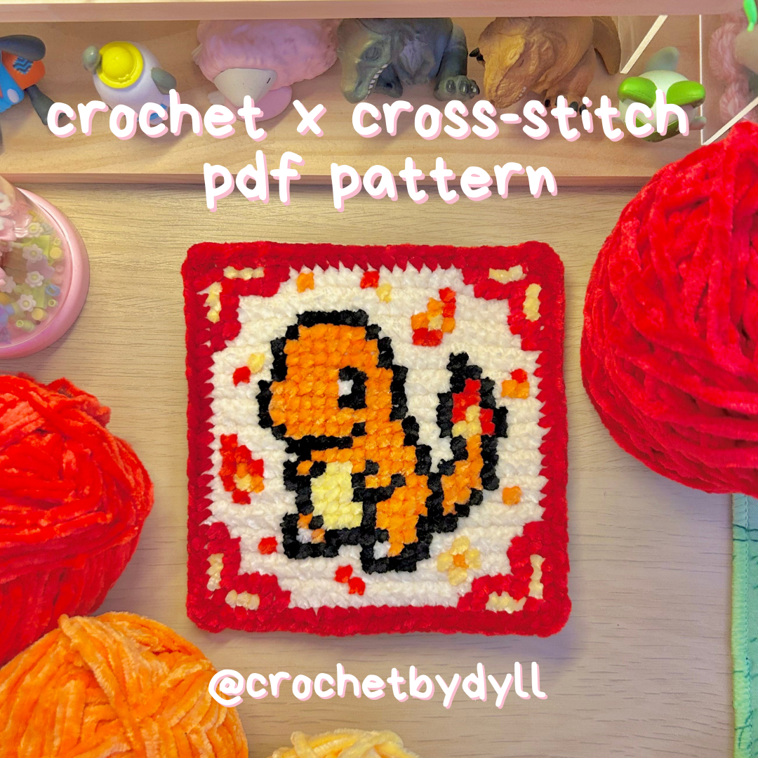 Charmander-Inspired Fire-Type Starter Crochet x Cross-Stitch Tile Pattern