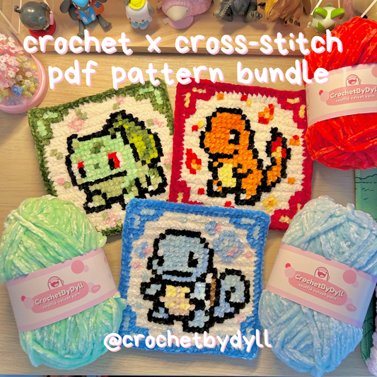 Gen 1 Starter Trio Crochet x Cross-Stitch Pattern Bundle – Bulbasaur, Charmander & Squirtle-Inspired