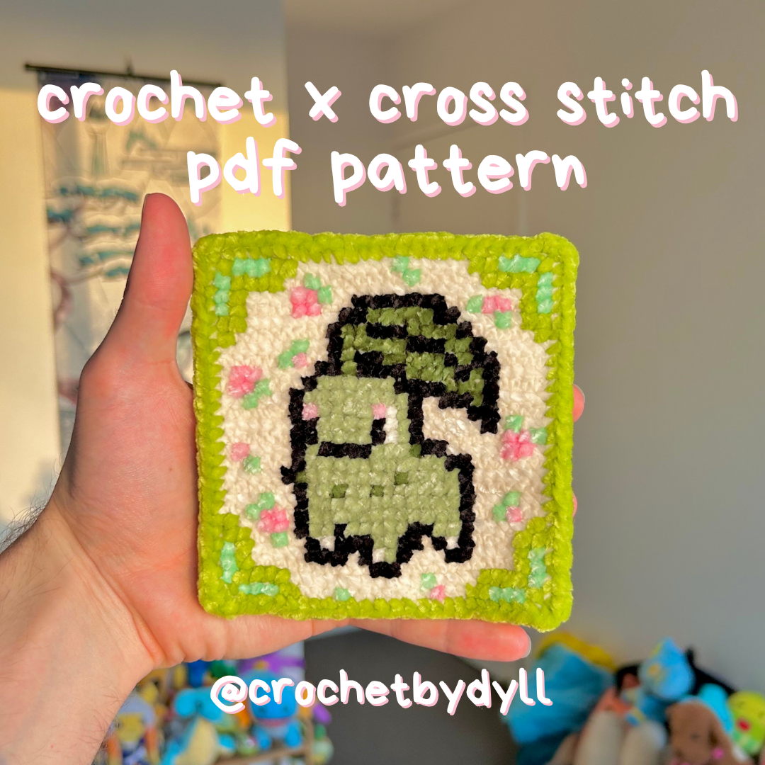Chikorita-Inspired Grass-Type Crochet x Cross-Stitch Tile Pattern