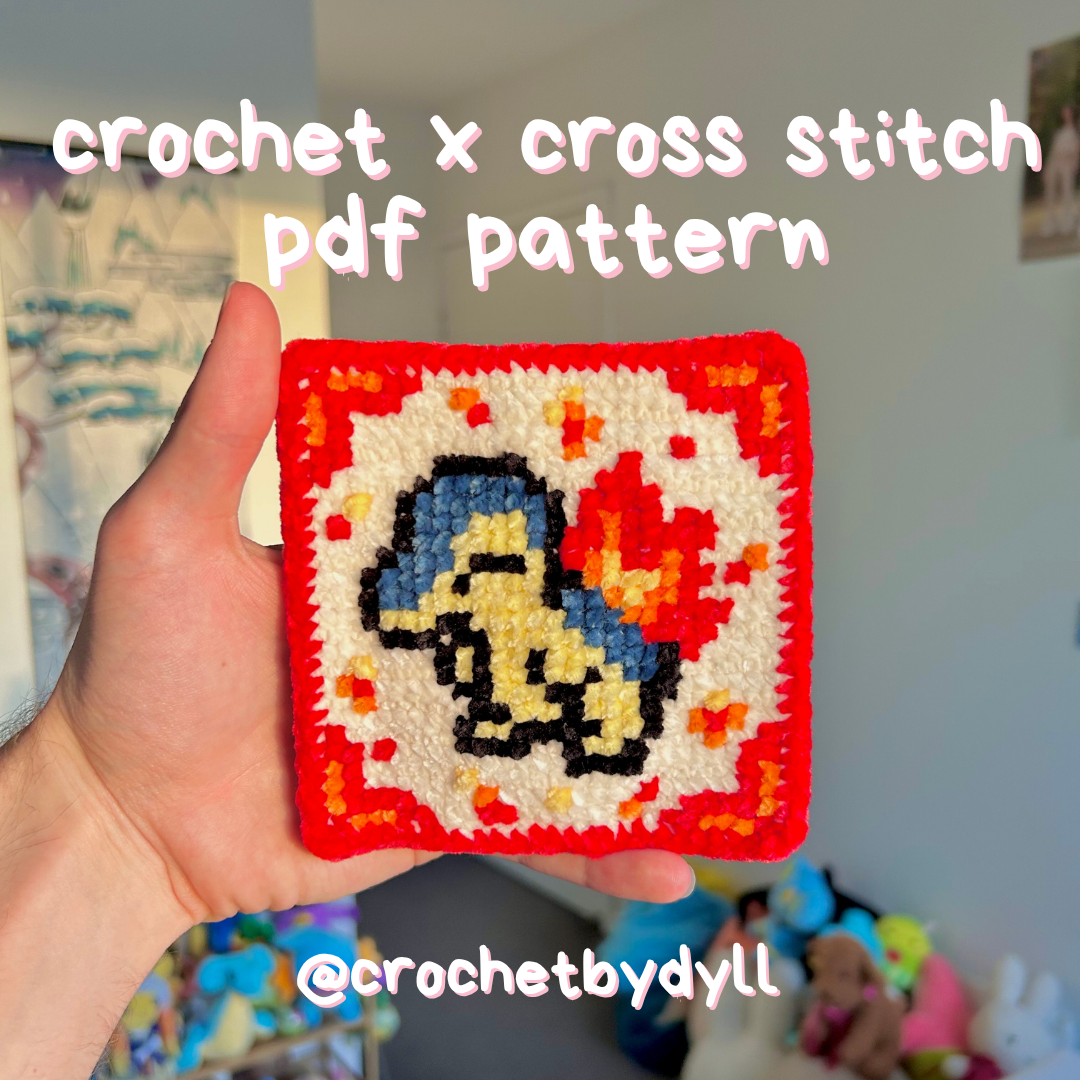 Cyndaquil-Inspired Fire-Type Crochet x Cross-Stitch Tile Pattern