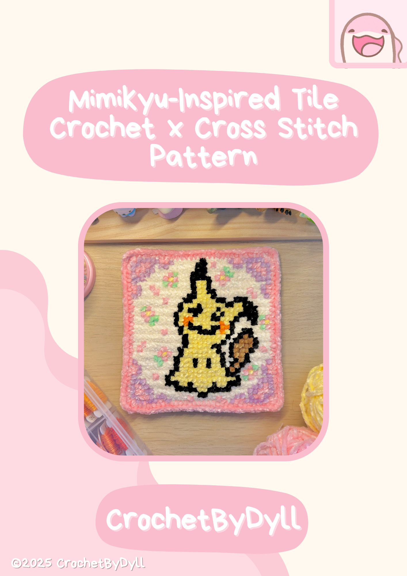 Mimikyu-Inspired Ghost/Fairy-Type Crochet x Cross-Stitch Tile Pattern (Base B Size)