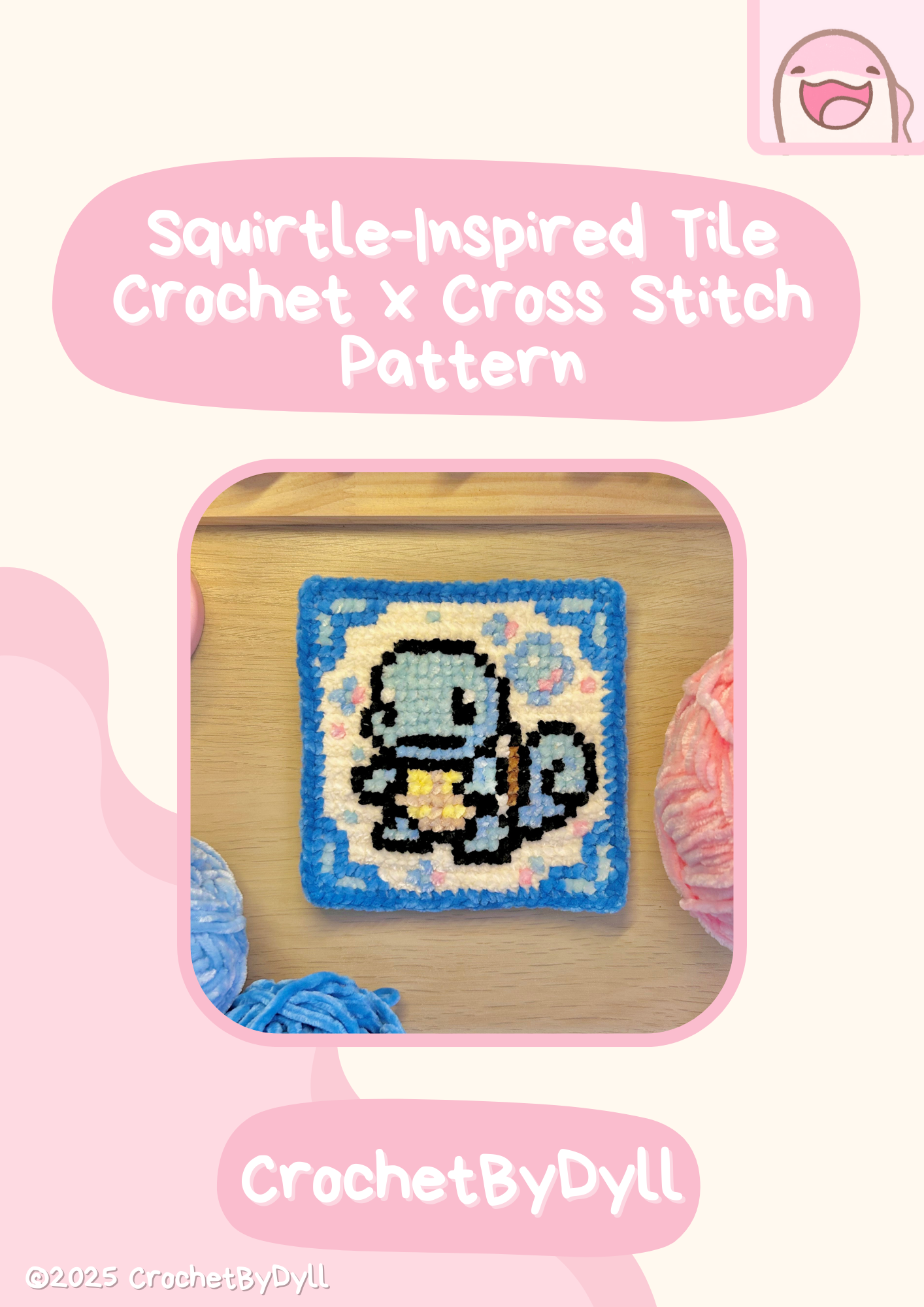 Squirtle-Inspired Water-Type Starter Crochet x Cross-Stitch Tile Pattern