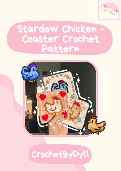 Stardew Valley Chicken with Flowers Crochet x Cross Stitch Coaster Pattern - PDF Pattern
