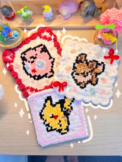 Electric Mouse, Pink Puff and Fox-Inspired Crochet & Cross Stitch Coaster Pattern Bundle – PDF Download