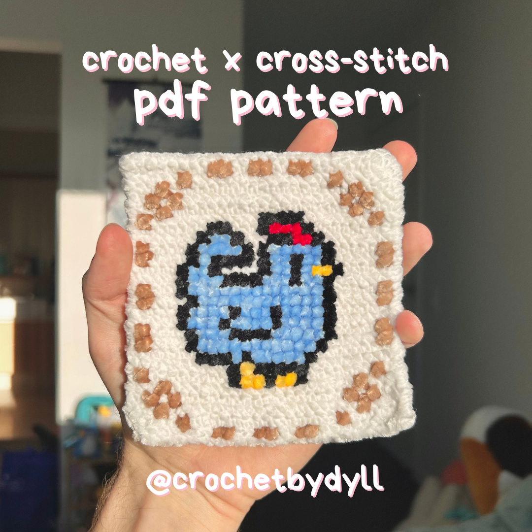 Stardew Valley Blue Chicken Crochet x Cross Stitch Coaster Pattern - PDF Pattern