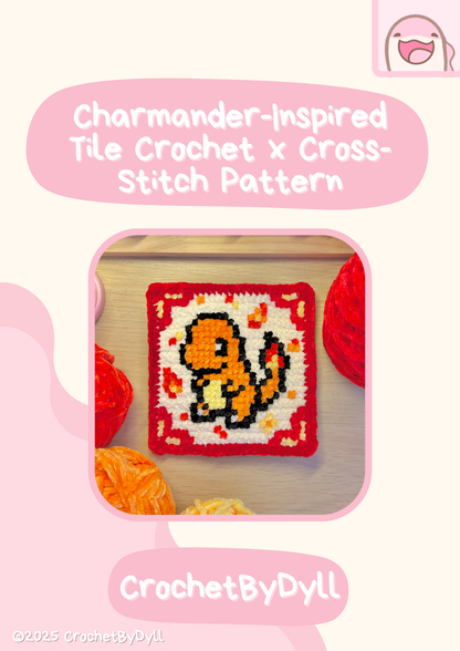 Charmander-Inspired Fire-Type Starter Crochet x Cross-Stitch Tile Pattern