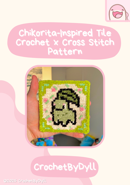 Chikorita-Inspired Grass-Type Crochet x Cross-Stitch Tile Pattern