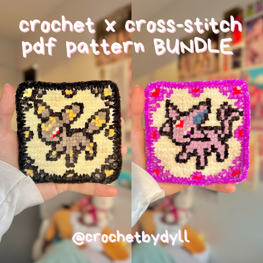 Psychic & Dark Evolution Crochet x Cross-Stitch Tile Pattern Bundle (Espeon + Umbreon Inspired)