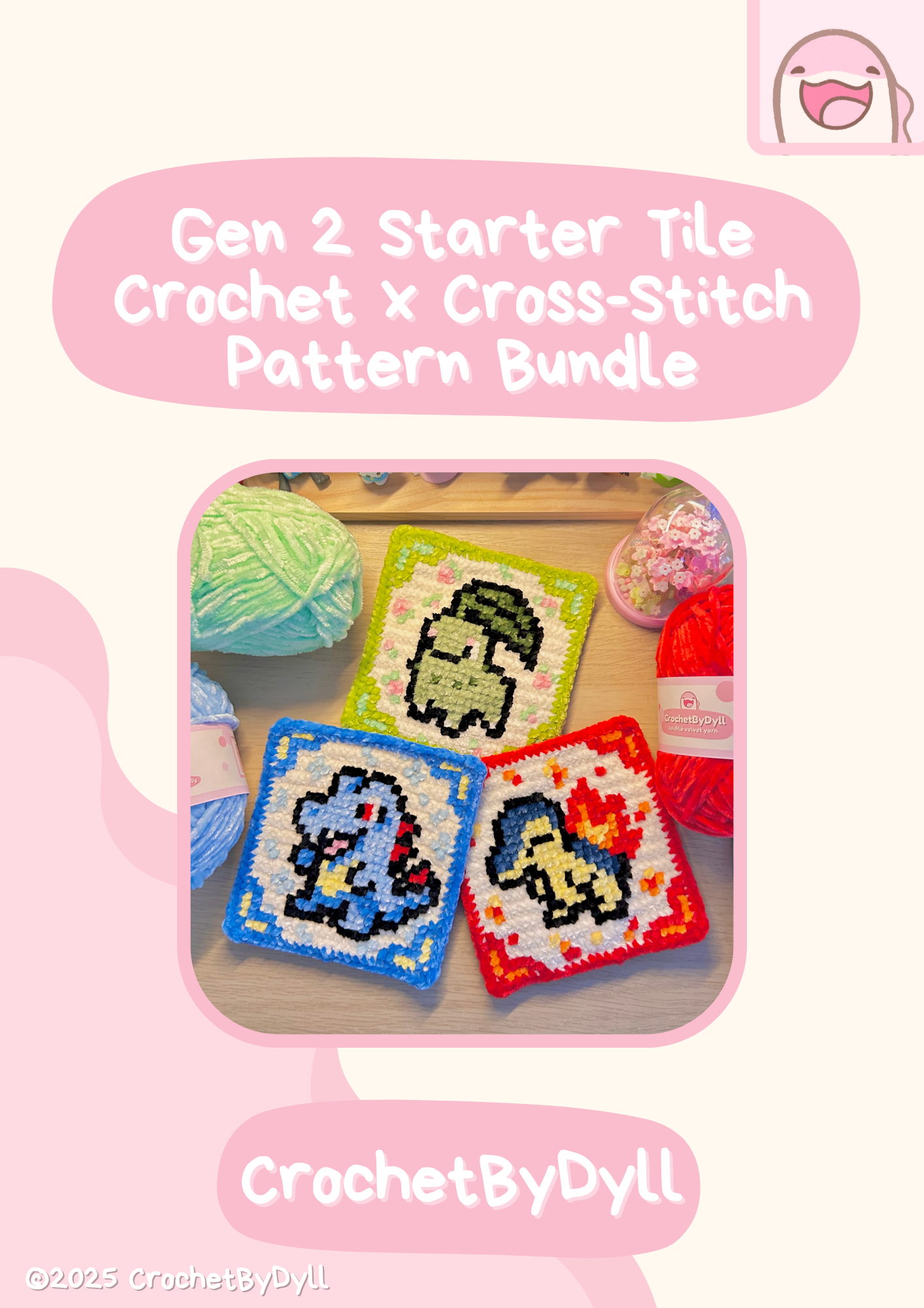 Gen 2 Starter Trio Crochet x Cross-Stitch Tile Pattern Bundle – Chikorita, Cyndaquil & Totodile-Inspired