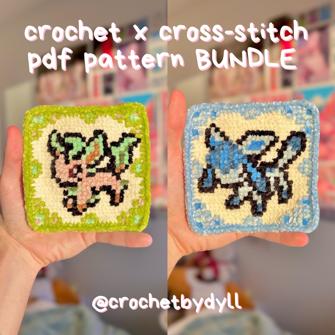 Ice & Grass Evolution Crochet x Cross-Stitch Tile Pattern Bundle (Glaceon + Leafeon Inspired)