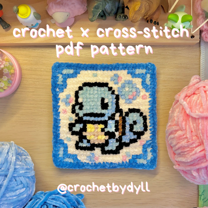 Squirtle-Inspired Water-Type Starter Crochet x Cross-Stitch Tile Pattern
