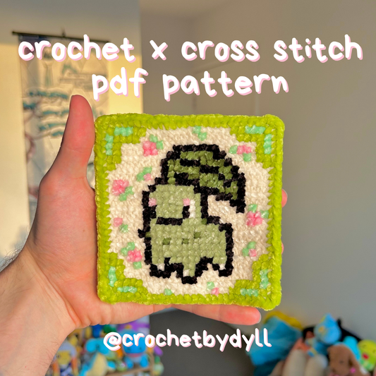 Chikorita-Inspired Grass-Type Crochet x Cross-Stitch Tile Pattern