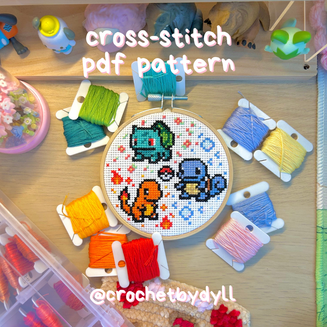 Gen 1 Starter Pokémon-Inspired Cross Stitch Pattern – PDF Download