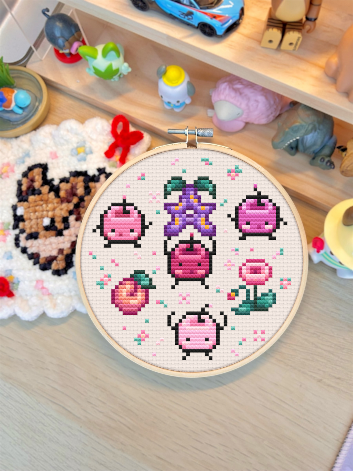 Pink Junimo-Inspired Cross Stitch PDF Pattern – Stardew Valley-Inspired Cosy Pixel Design