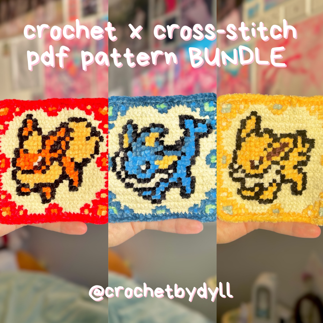 Water, Fire & Electric Evolution Crochet x Cross-Stitch Tile Pattern Bundle (Vaporeon + Flareon + Jolteon Inspired)