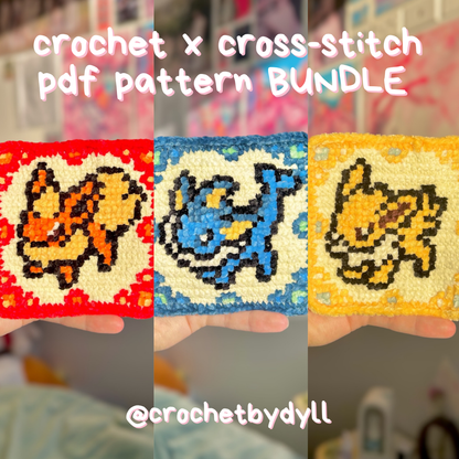 Water, Fire & Electric Evolution Crochet x Cross-Stitch Tile Pattern Bundle (Vaporeon + Flareon + Jolteon Inspired)