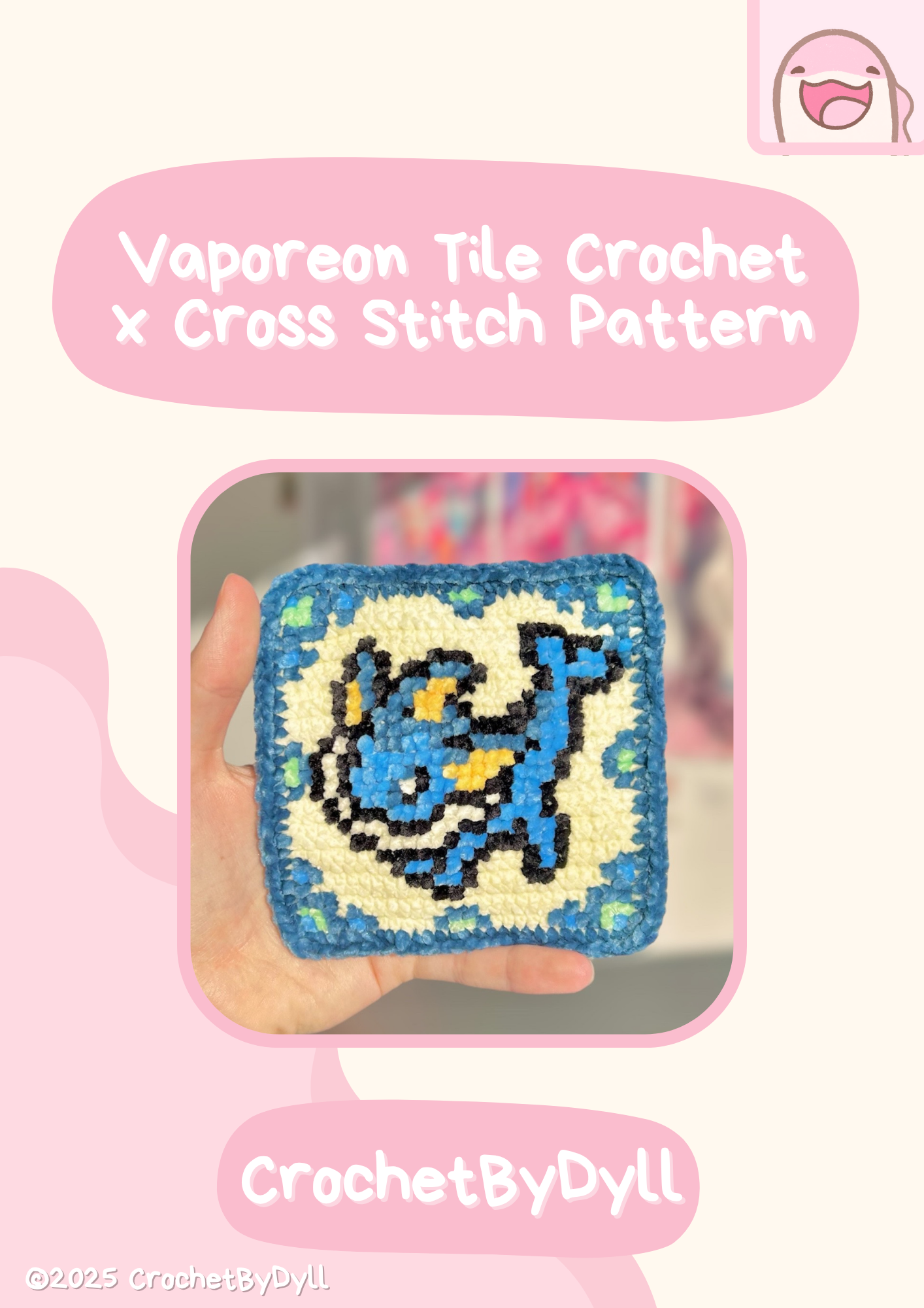 Water-Type Evolution Crochet x Cross-Stitch Tile Pattern (Vaporeon-Inspired)